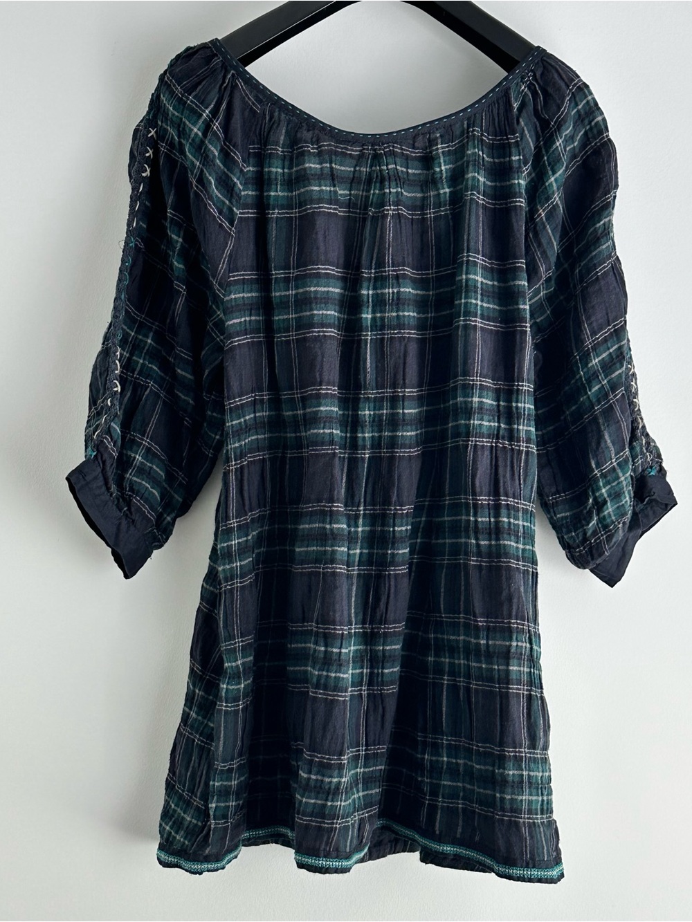 Y2K Zara Navy and Green Plaid Peasant Tunic with Braided Tie S - Picture 2 of 10